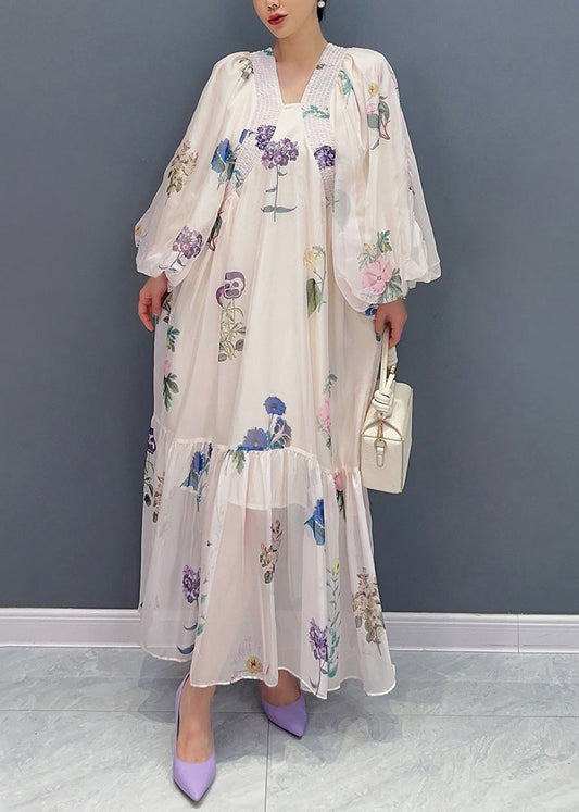 DIY Apricot Oversized Print Chiffon Holiday Dress Summer