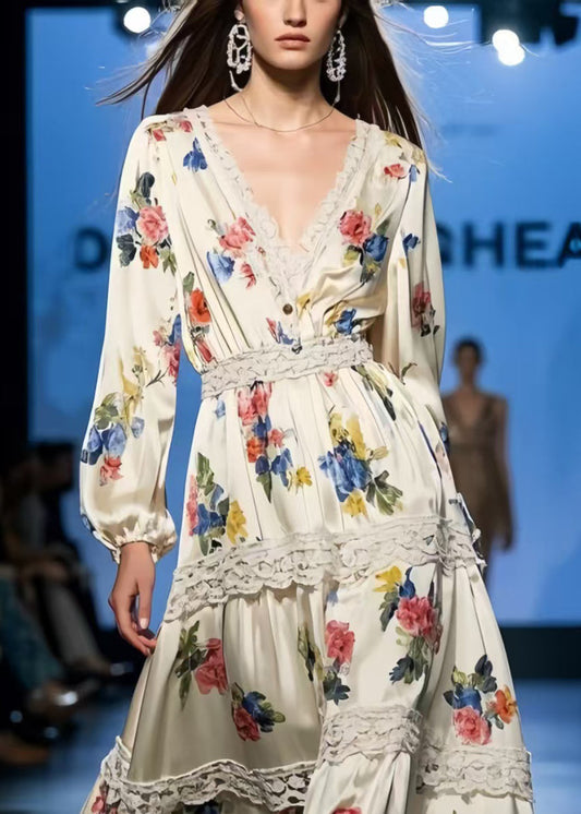 DIY Apricot Print Lace Patchwork Silk Holiday Dress Spring