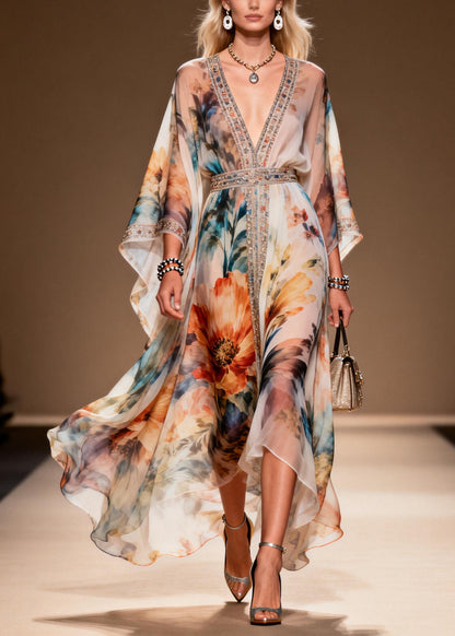 DIY Apricot Print Rhinestone Chiffon Party Dresses Summer
