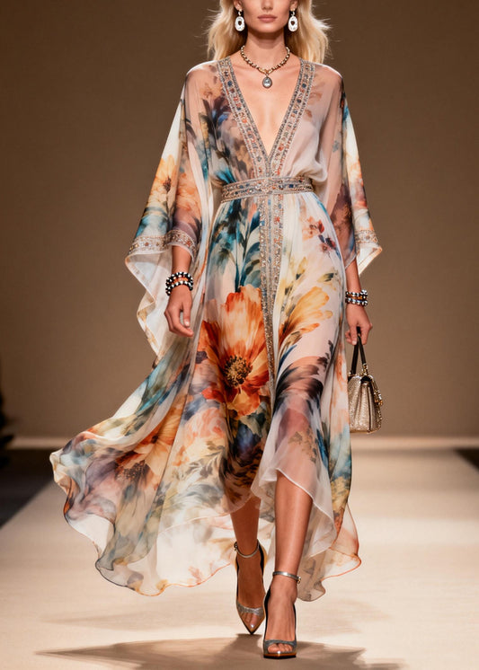 DIY Apricot Print Rhinestone Chiffon Party Dresses Summer