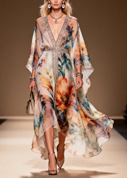 DIY Apricot Print Rhinestone Chiffon Party Dresses Summer
