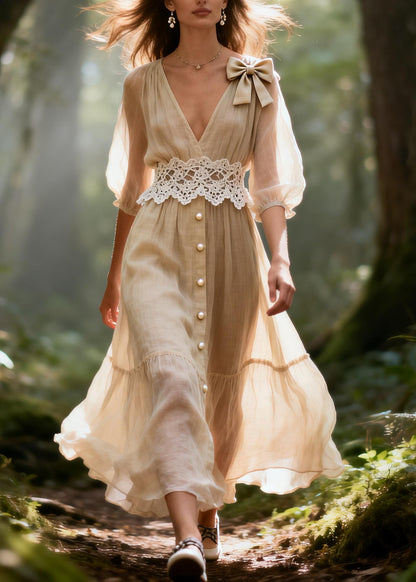 DIY Apricot V Neck Lace Patchwork Fine Pearl Cotton Maxi Dresses Summer