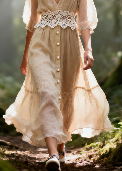 DIY Apricot V Neck Lace Patchwork Fine Pearl Cotton Maxi Dresses Summer