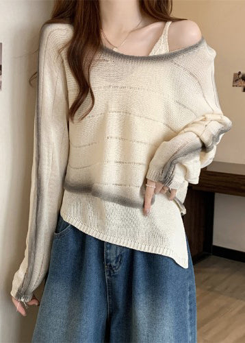 DIY Beige Asymmetrical Design Tie Dye Knit Sweater Fall