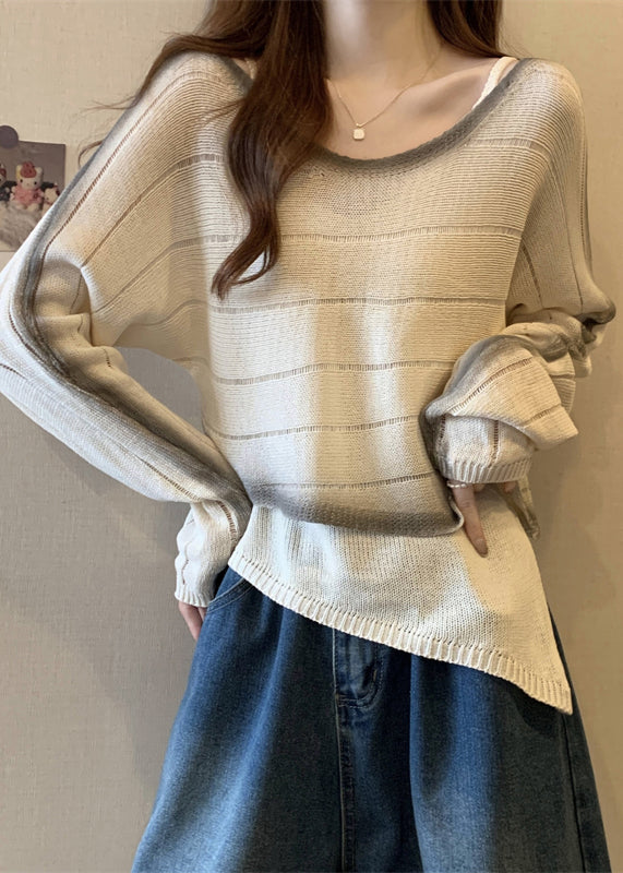 DIY Beige Asymmetrical Design Tie Dye Knit Sweater Fall