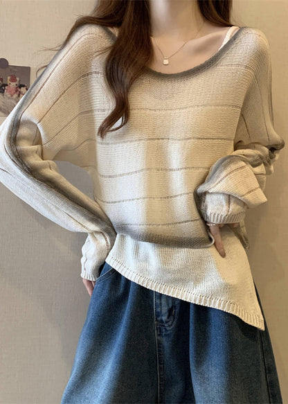 DIY Beige Asymmetrical Design Tie Dye Knit Sweater Fall