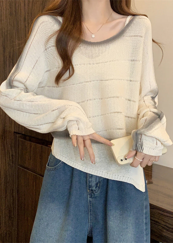 DIY Beige Asymmetrical Design Tie Dye Knit Sweater Fall