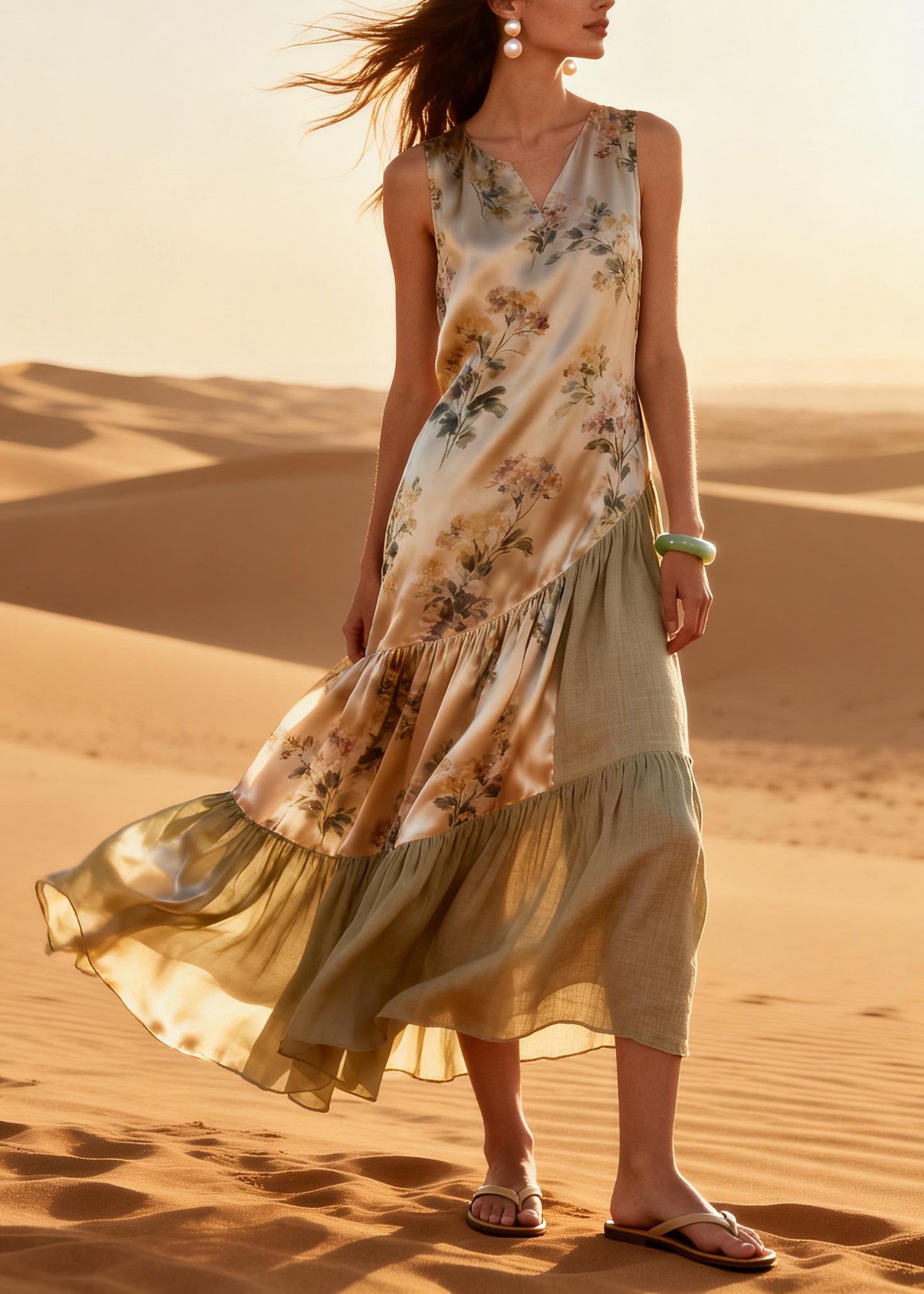 DIY Beige Asymmetrical Patchwork Silk Long Dresses Summer