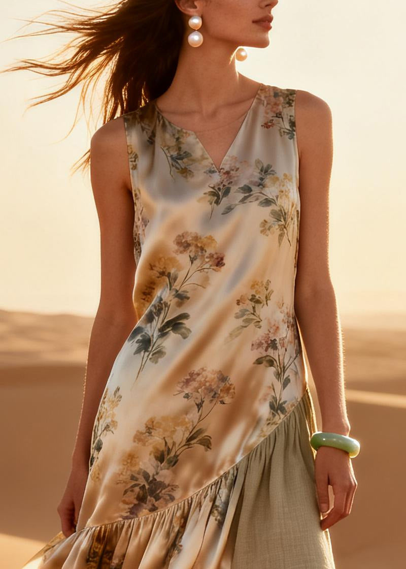 DIY Beige Asymmetrical Patchwork Silk Long Dresses Summer