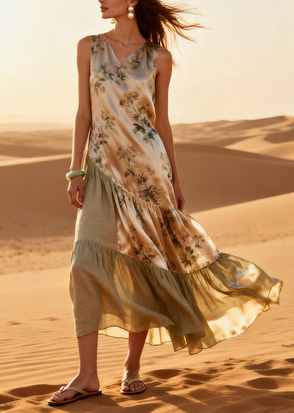 DIY Beige Asymmetrical Patchwork Silk Long Dresses Summer