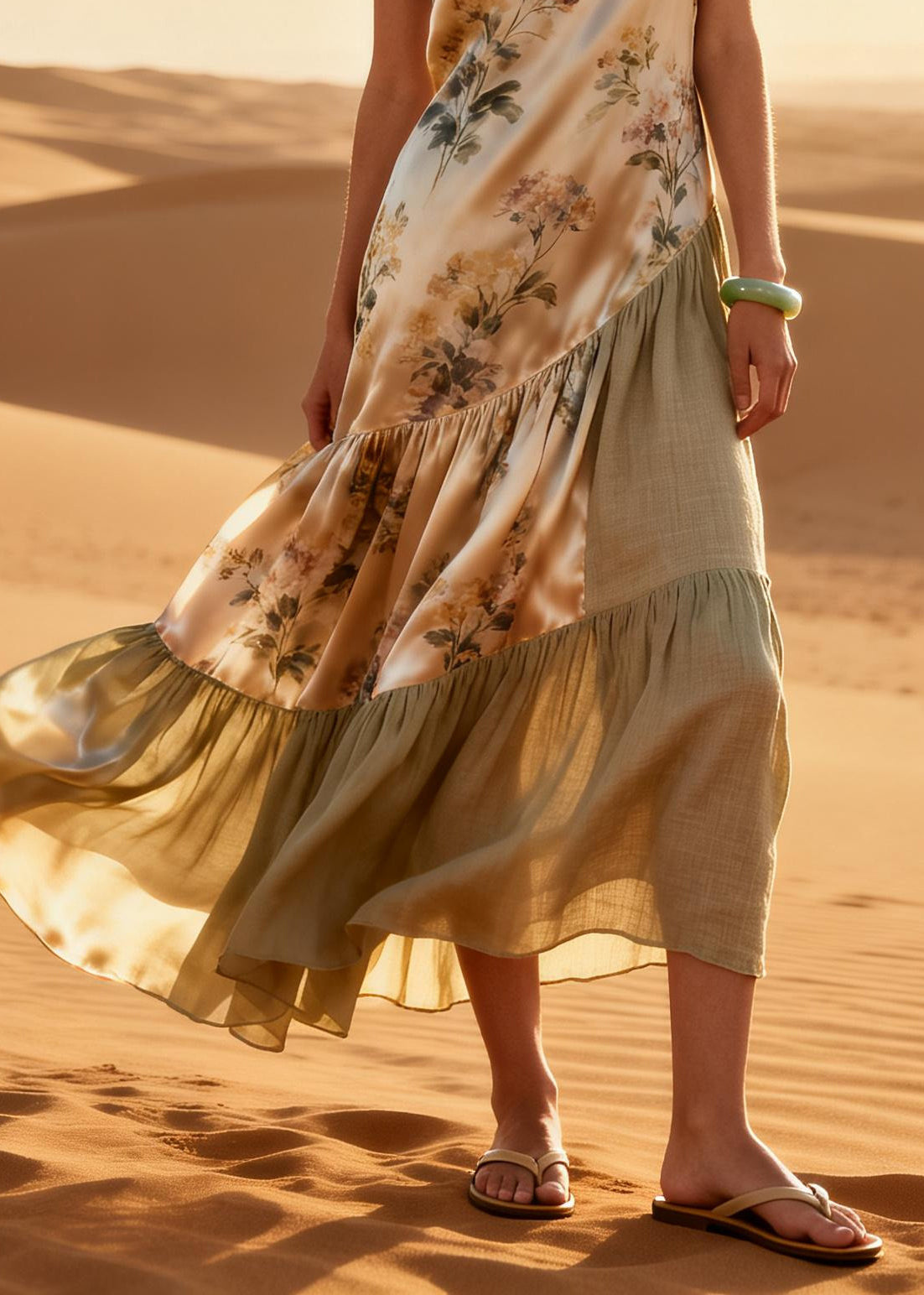 DIY Beige Asymmetrical Patchwork Silk Long Dresses Summer