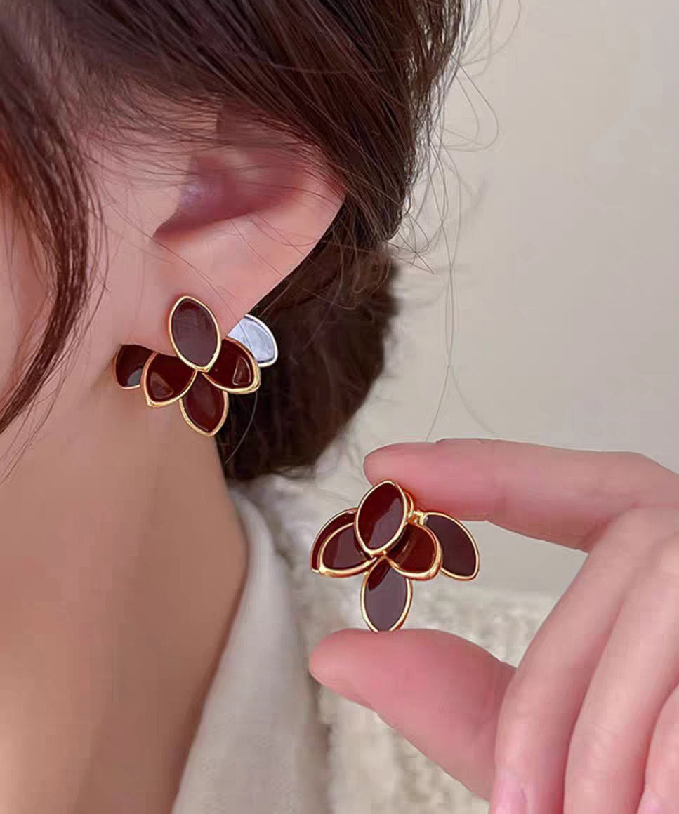 DIY Beige Copper Overgild Zircon Leaf Stud Earrings