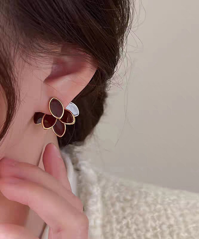 DIY Beige Copper Overgild Zircon Leaf Stud Earrings