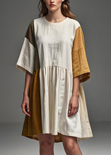 Load image into Gallery viewer, DIY Beige O Neck Wrinkled Patchwork Linen Dresses Summer