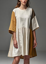 Load image into Gallery viewer, DIY Beige O Neck Wrinkled Patchwork Linen Dresses Summer