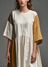 Load image into Gallery viewer, DIY Beige O Neck Wrinkled Patchwork Linen Dresses Summer