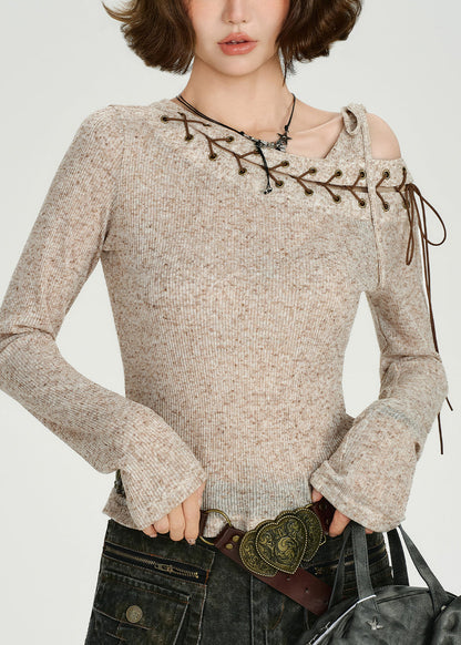 DIY Beige One Shoulder Cross Strap Knit Tops Spring