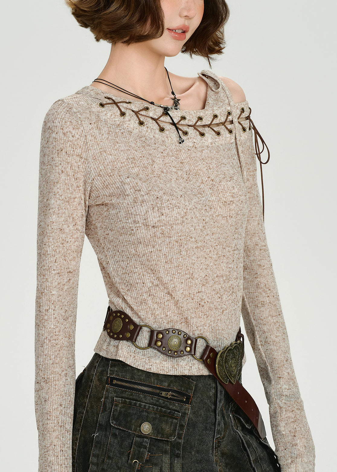 DIY Beige One Shoulder Cross Strap Knit Tops Spring