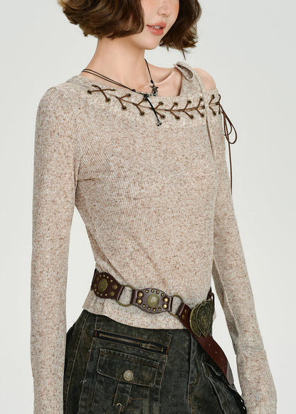 DIY Beige One Shoulder Cross Strap Knit Tops Spring