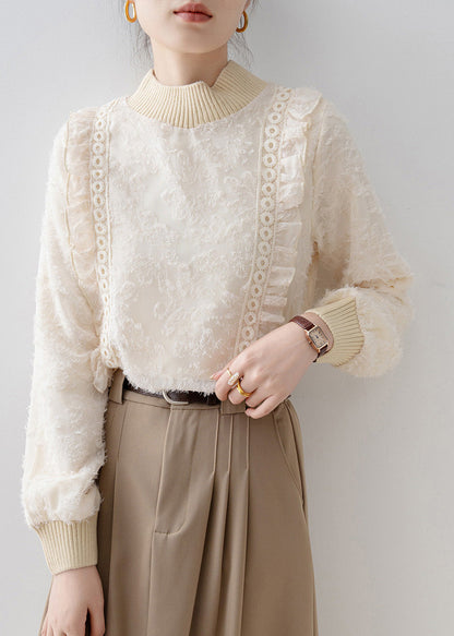 DIY Beige Stand Collar Patchwork Warm Fleece Blouses Winter