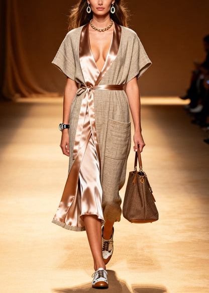 DIY Beige Tie Waist Patchwork Linen Dresses Summer