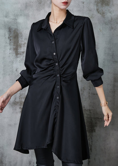 DIY Black Asymmetrical Wrinkled Chiffon Mid Dress Spring
