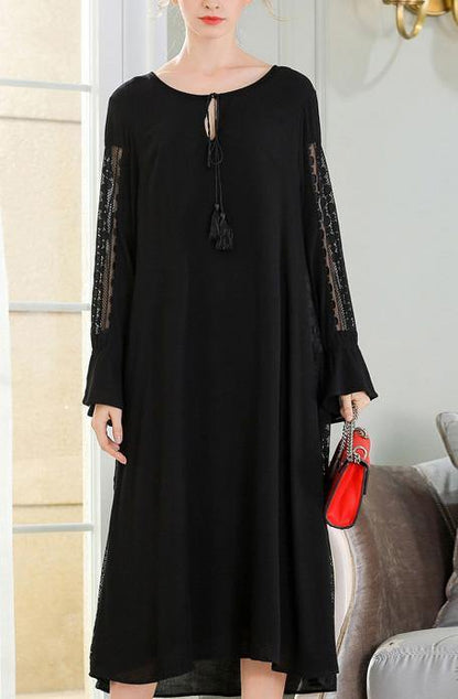 DIY Black Cotton Linen Patchwork Maxi Summer Dress - SooLinen