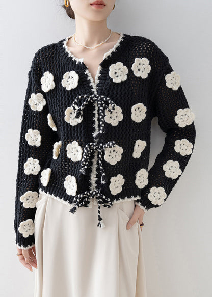 DIY Black Floral Decorated Hollow Out Knit Cardigan Spring