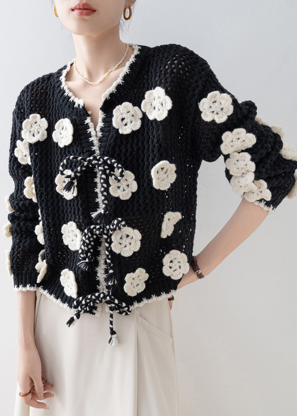 DIY Black Floral Decorated Hollow Out Knit Cardigan Spring