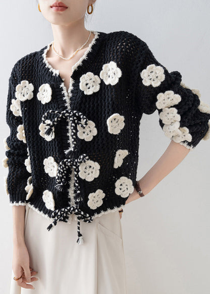 DIY Black Floral Decorated Hollow Out Knit Cardigan Spring