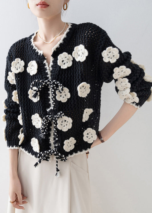 DIY Black Floral Decorated Hollow Out Knit Cardigan Spring