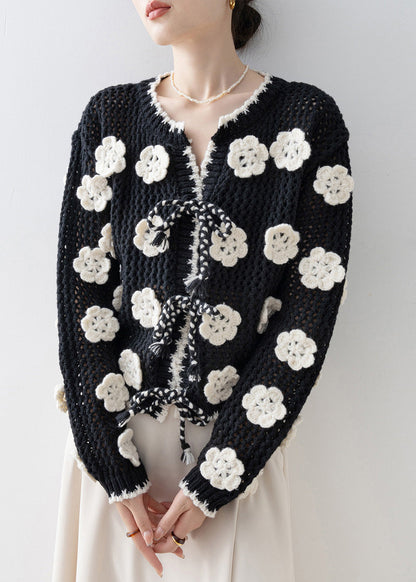 DIY Black Floral Decorated Hollow Out Knit Cardigan Spring