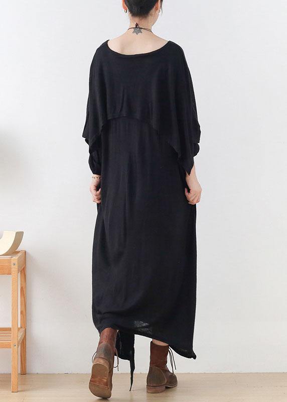 DIY Black Loose Asymmetrical Design Fall Cotton Long Sleeve Dresses - SooLinen