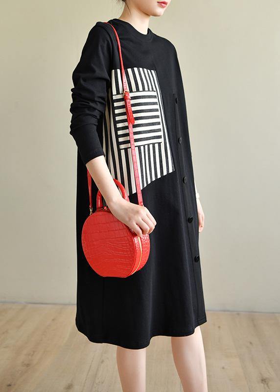 DIY Black O Neck Collar Cotton Pockets Spring Maxi Dresses - SooLinen