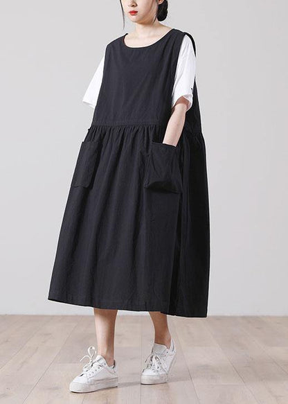 DIY Black O-Neck Cotton Summer Mid Dress - SooLinen
