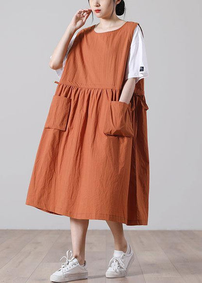 DIY Black O-Neck Cotton Summer Mid Dress - SooLinen