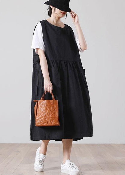 DIY Black O-Neck Cotton Summer Mid Dress - SooLinen