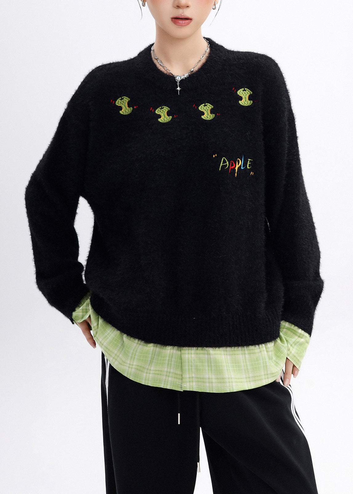 DIY Black Oversized Apple Embroidered Knit Fake Two Piece Pullover Winter