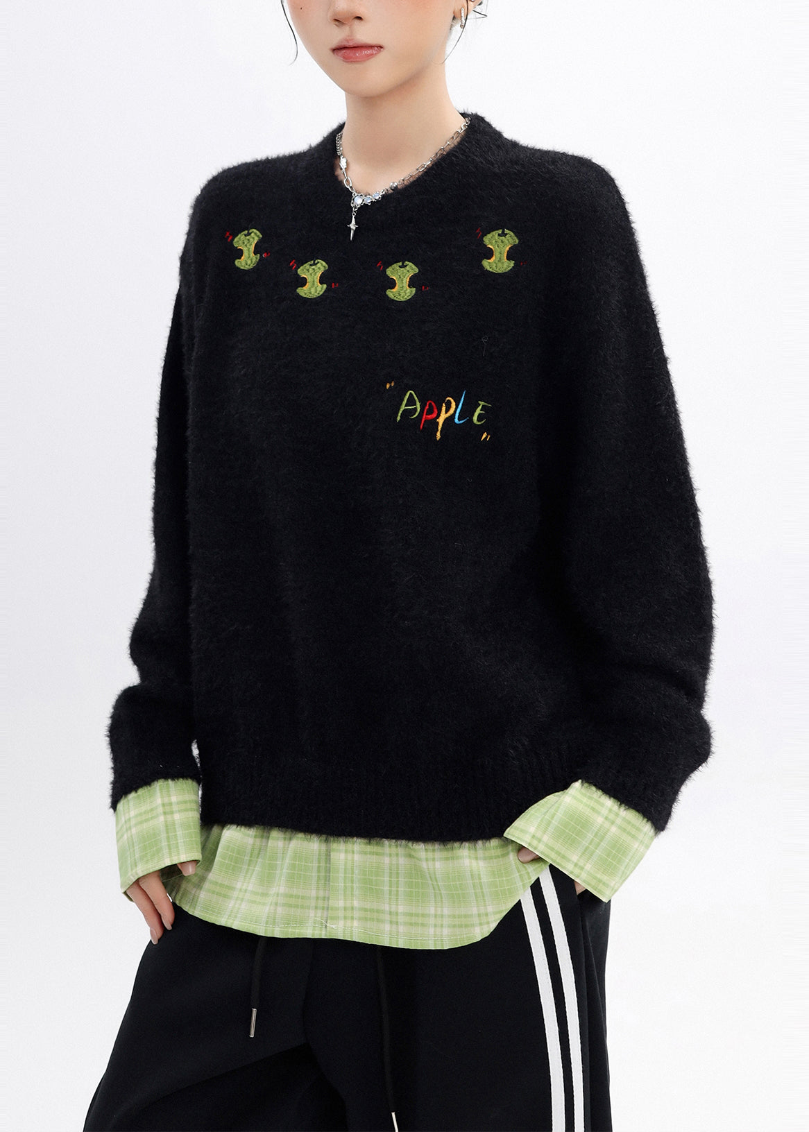 DIY Black Oversized Apple Embroidered Knit Fake Two Piece Pullover Winter