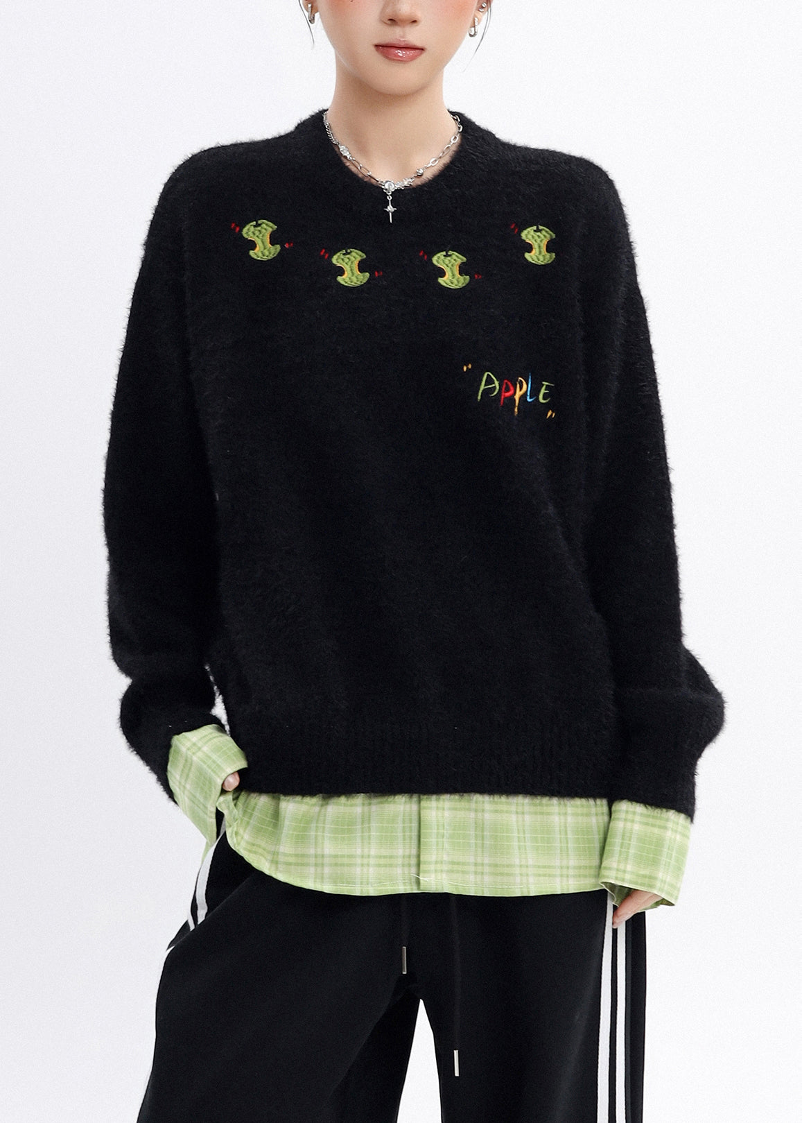 DIY Black Oversized Apple Embroidered Knit Fake Two Piece Pullover Winter