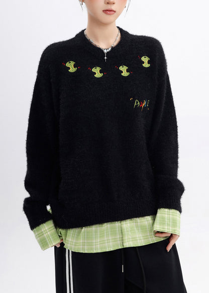 DIY Black Oversized Apple Embroidered Knit Fake Two Piece Pullover Winter