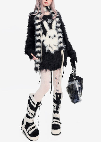 DIY Black Oversized Rabbit Faux Mink Hair Knit Tops Winter