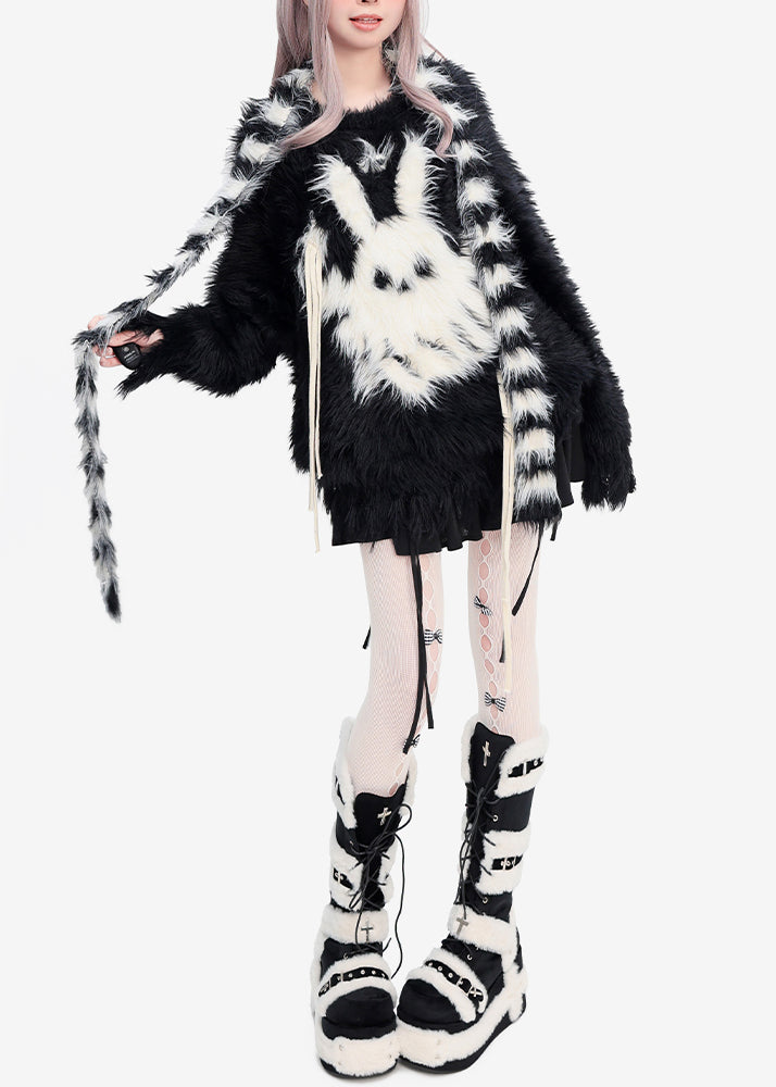 DIY Black Oversized Rabbit Faux Mink Hair Knit Tops Winter