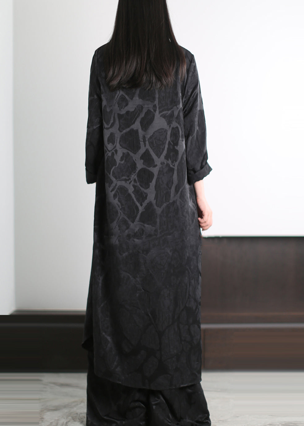 DIY Black Oversized Side Open Silk Two Pieces Set Spring