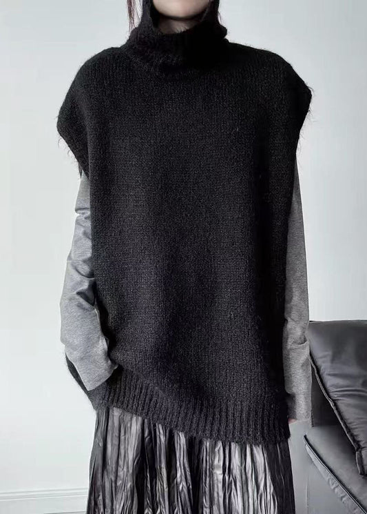 DIY Black Oversized Warm Knit Vests Sleeveless