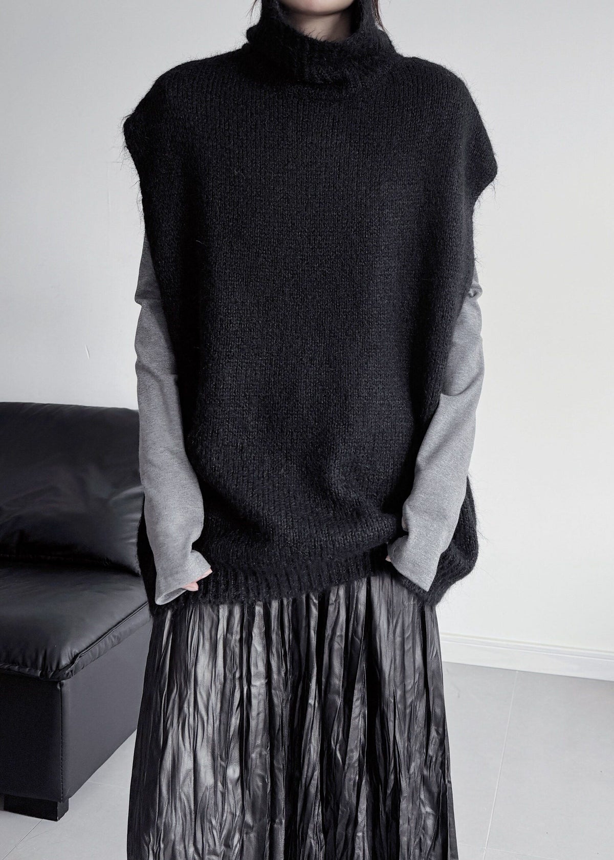 DIY Black Oversized Warm Knit Vests Sleeveless