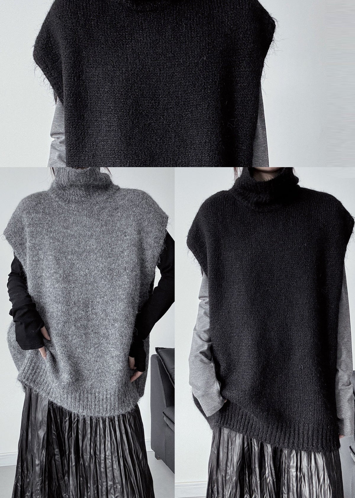 DIY Black Oversized Warm Knit Vests Sleeveless