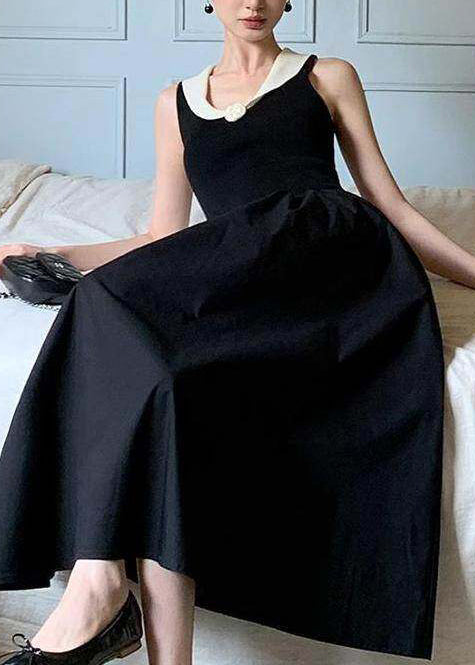 DIY Black Patchwork Flower Cotton Holiday Dress Sleeveless