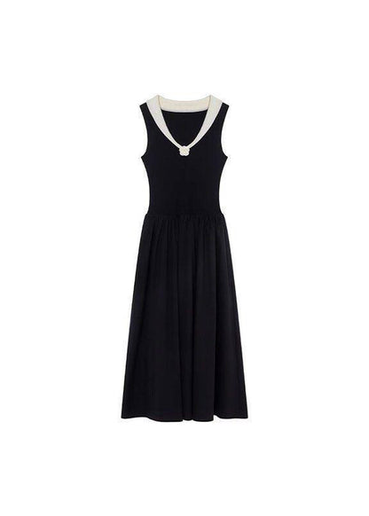 DIY Black Patchwork Flower Cotton Holiday Dress Sleeveless