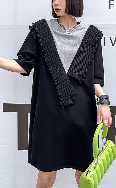 DIY Black Patchwork Grey Cotton Ruffled Summer Dress - SooLinen